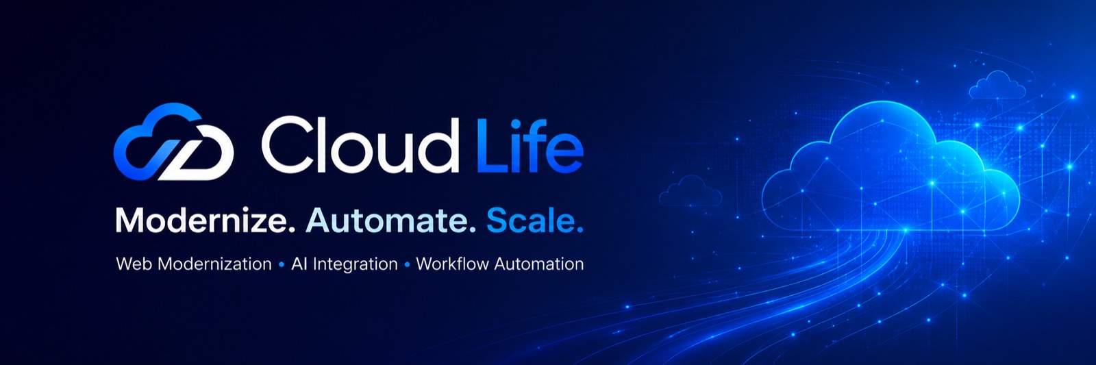 Cloud Life brand artwork — a glowing cloud built from connected network nodes, with the tagline Modernize, Automate, Scale.